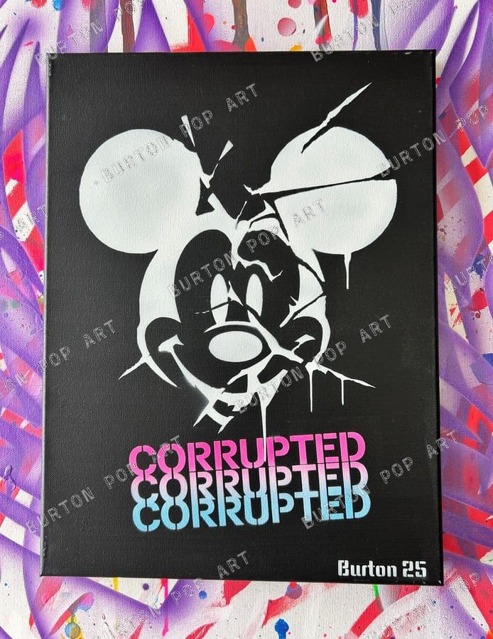 Cracked Mickey Mouse stencil in white on black with Corrupted lettering in a pink-to-blue fade.