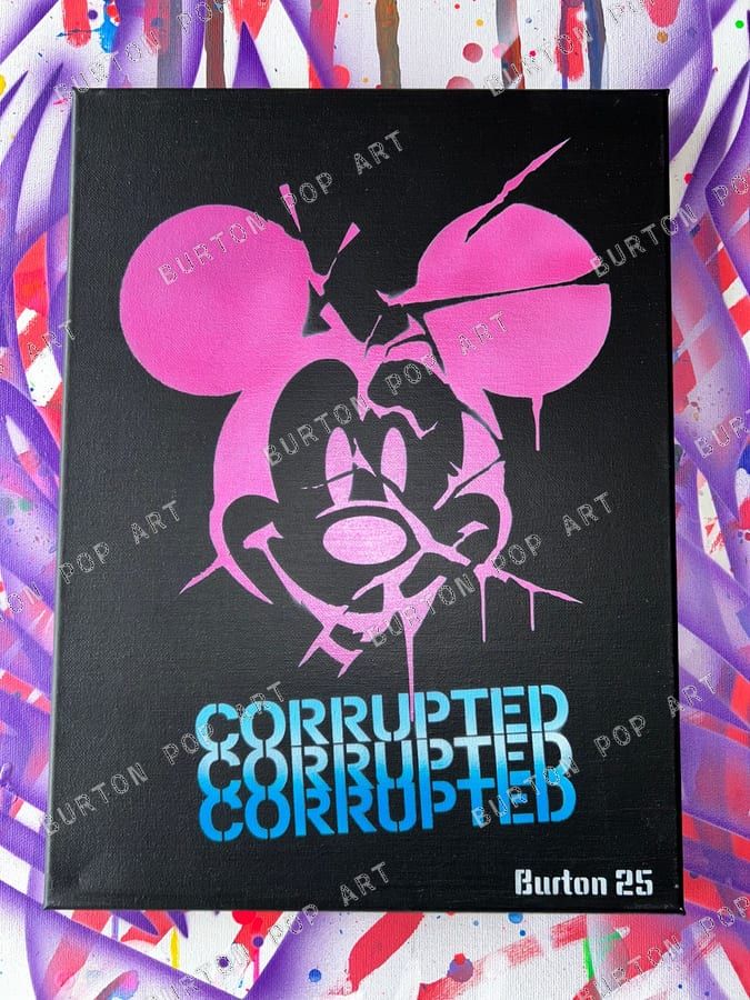Mickey Mouse stencil in neon pink on black with Corrupted lettering.