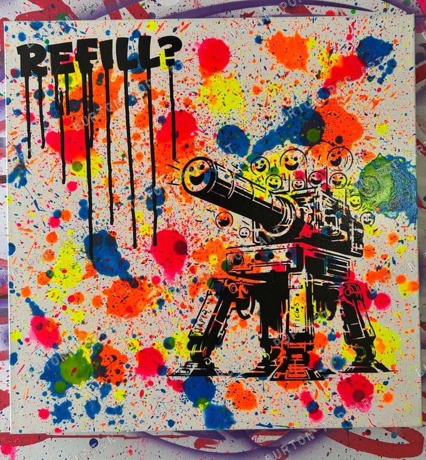 Pop art of a smiley-face-pill cannon amid colorful smoke and paint splatter, with the word "Refill?"