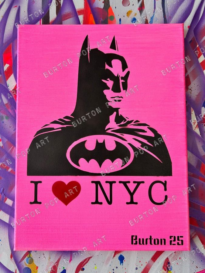 Pop art riff on I Love NY with a hooded figure and a Batman emblem, black on neon pink.