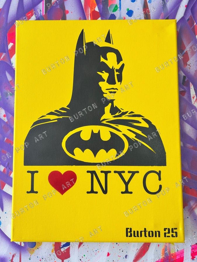 Bold yellow pop art riff on the I Love NY design, street-art stencil style.