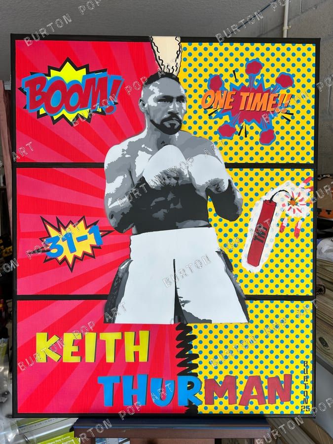 Comic-style pop art portrait of boxer Keith "One Time" Thurman with "BOOM!", "TNT," and a 31-1 record in a halftone comic-panel layout.