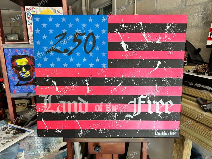 Pop art American flag in pink and black with white paint splatter and the text "Land of the Free" and "250."