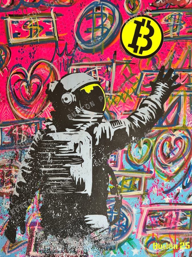 Pop art of a black-and-white astronaut reaching upward against a graffiti background of hearts and a yellow Bitcoin symbol.