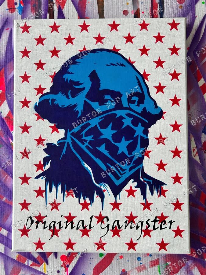 Stencil of George Washington in an American-flag bandana, blue on a red-star background, titled Original Gangster.