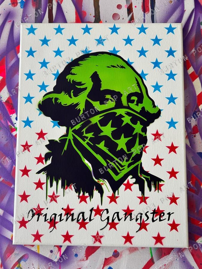 Stencil of George Washington in an American-flag bandana, neon green on a red and blue star background, titled Original Gangster.
