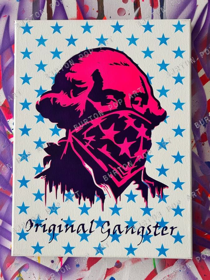 Stencil of George Washington in an American-flag bandana, neon pink on a blue-star background, titled Original Gangster.