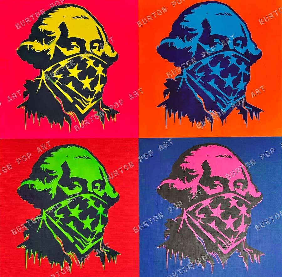 Four-panel Warhol-style pop art of George Washington in an American-flag bandana like an outlaw, in bold contrasting colorways.