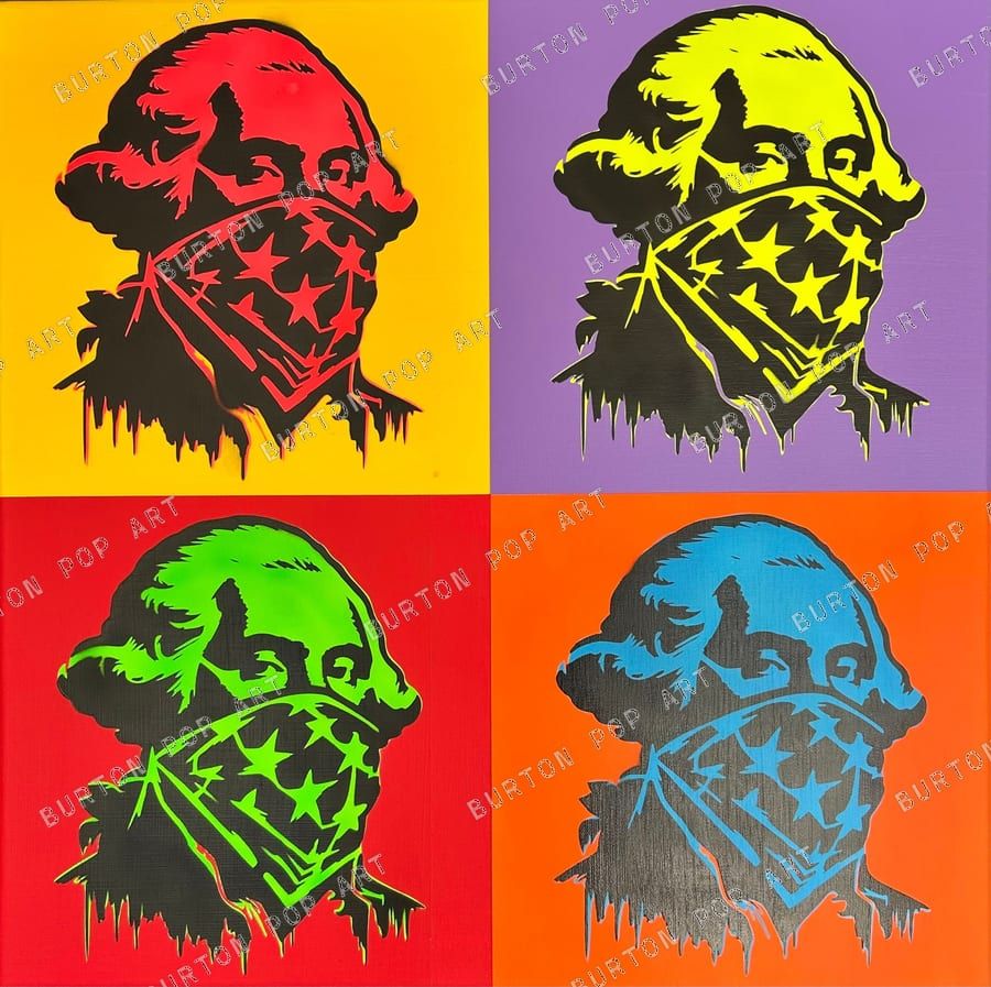 Four-panel pop art of George Washington in an American-flag bandana, in yellow, purple, green, and orange colorways.