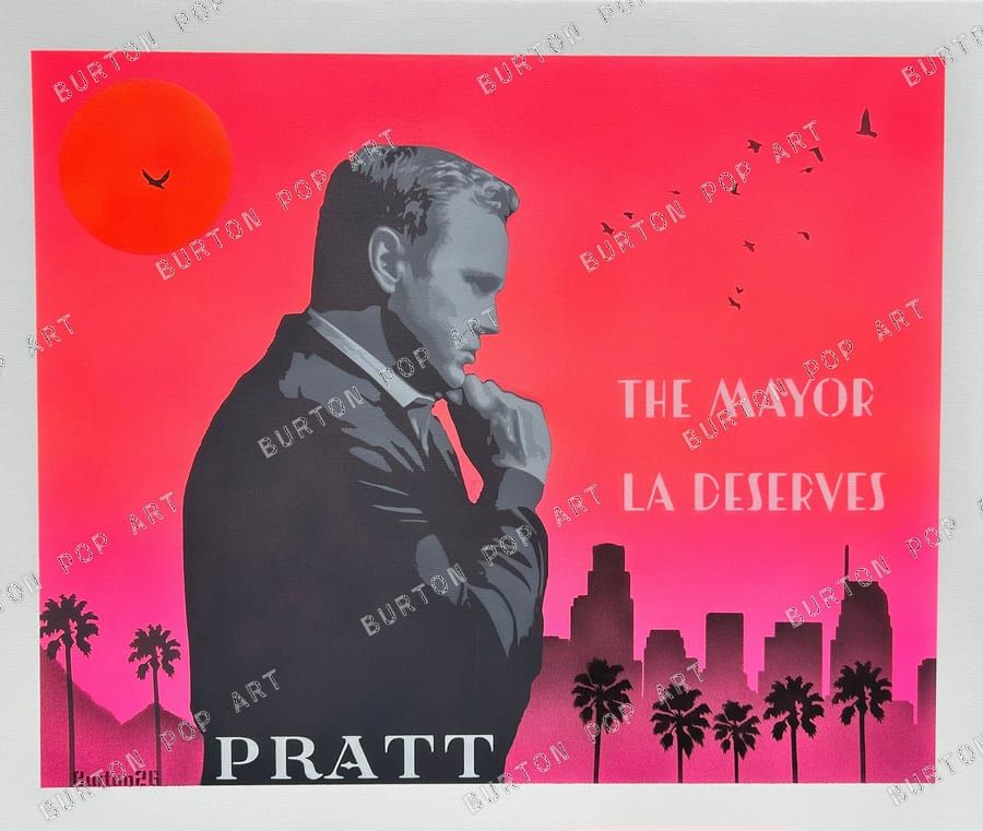 Pop art portrait of Spencer Pratt in a suit against a pink Los Angeles skyline at sunset, with the text "The Mayor LA Deserves."