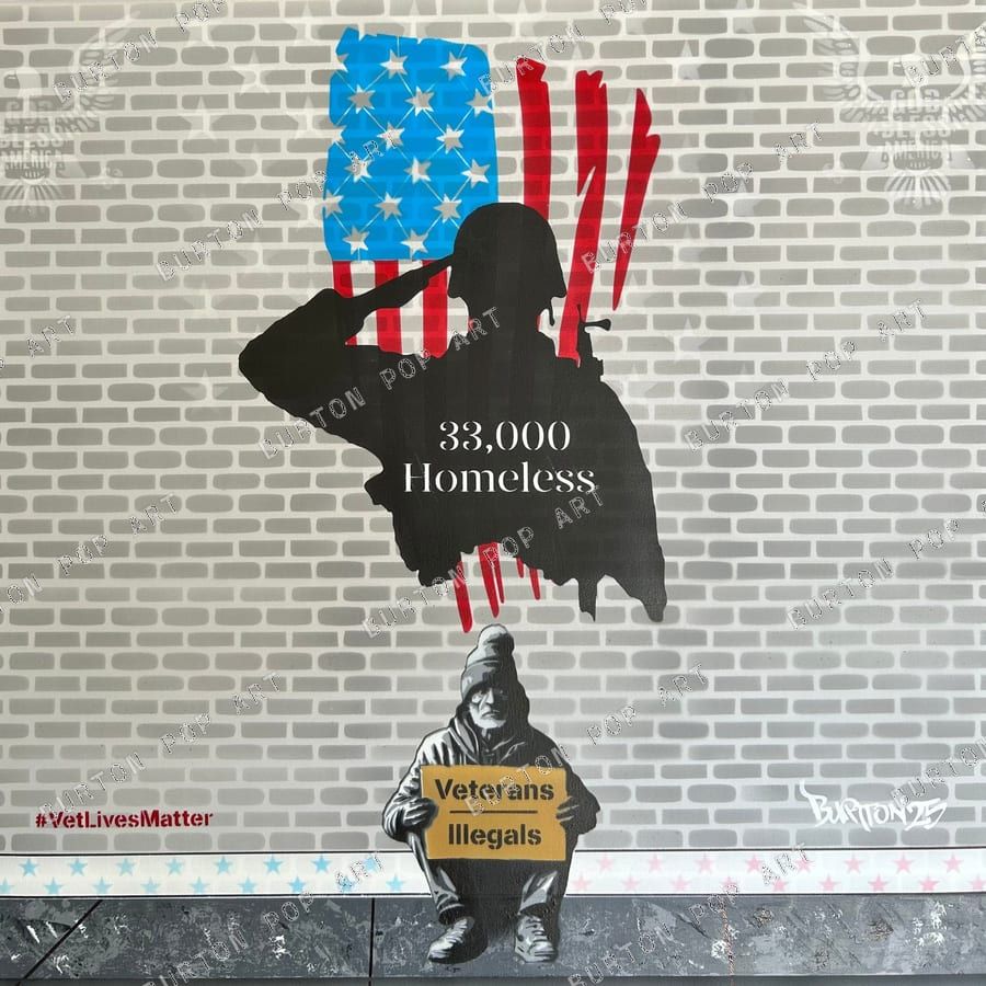 Stencil art of a saluting service member silhouetted against an American flag on a brick wall, with a veteran holding a protest sign.