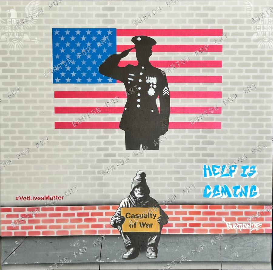 Stencil pop art of a saluting service member against an American flag, with the message "Help Is Coming" and "#VetLivesMatter."
