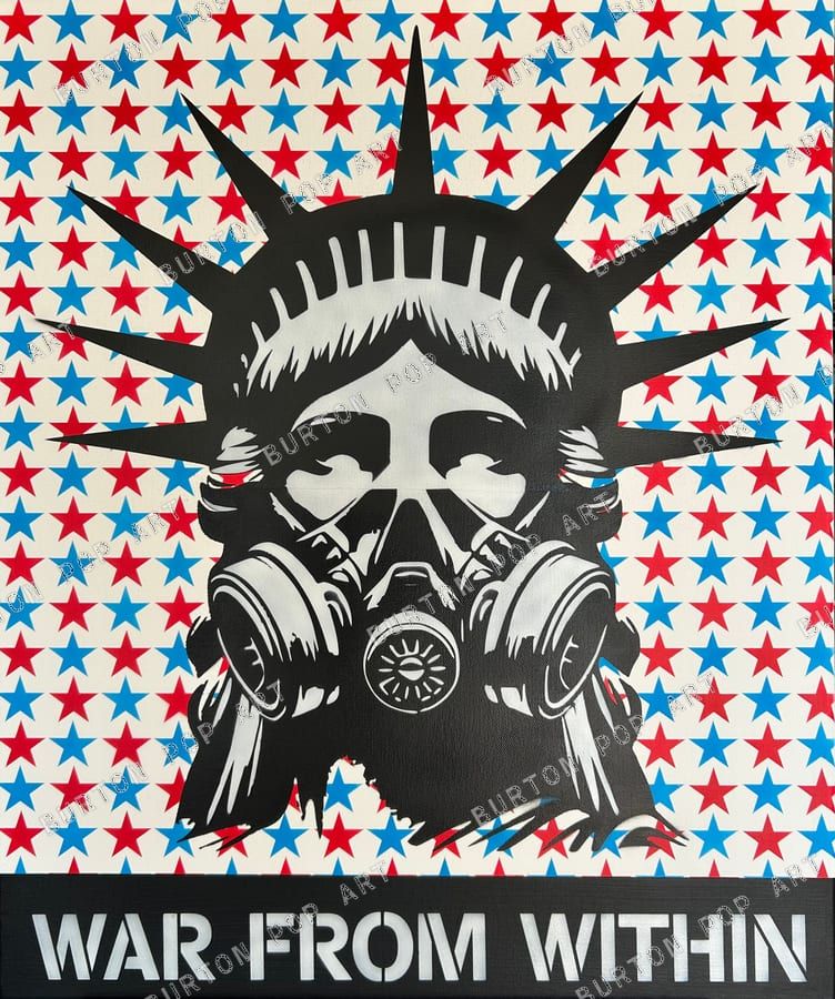 Pop art of the Statue of Liberty in a gas mask on a red, white, and blue star-patterned background.